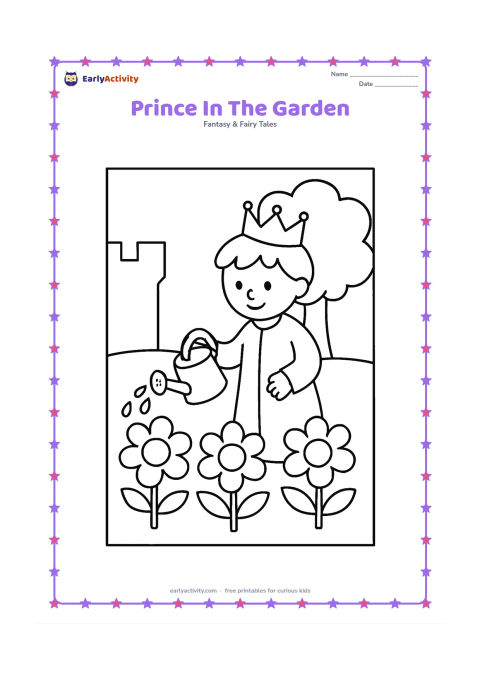 Colouring page: A young prince waters three large flowers in a castle garden. He wears a simple robe and crown, with a low wall and one large tree behind him.