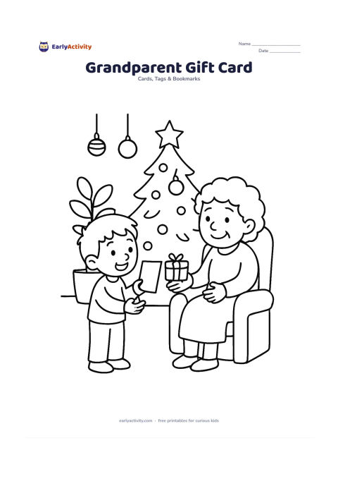 Worksheet: Draw a child offering a handmade Christmas card and a small gift to a smiling grandparent beside a decorated tree. Include a simple armchair, a plant and a few hanging ornaments in the room.