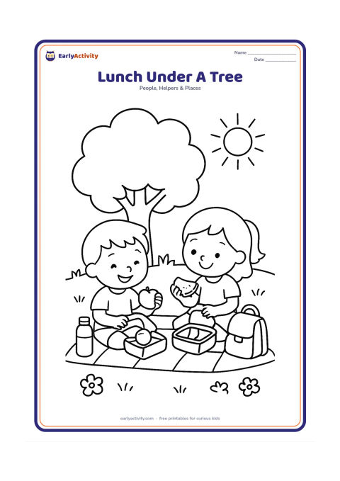 Colouring page: Two children sit on a mat under a shady tree, opening lunch boxes and sharing fruit. Include a water bottle, a simple school bag, grass, flowers and a sunny sky.