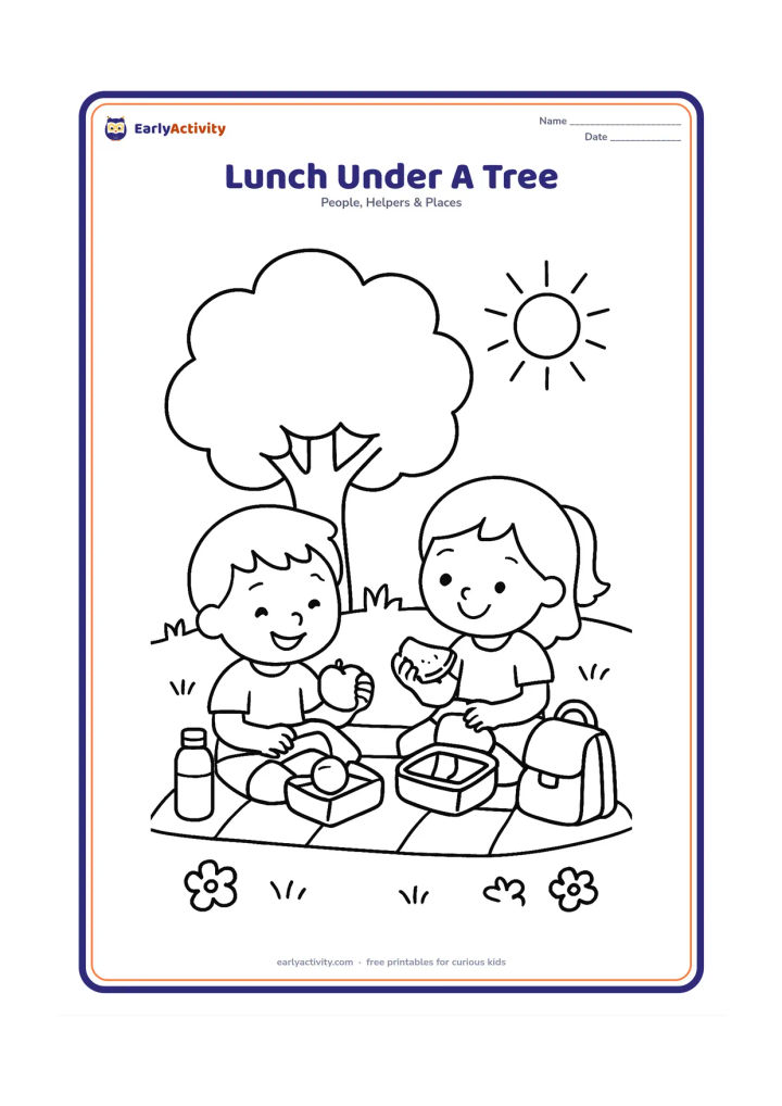 Colouring page: Two children sit on a mat under a shady tree, opening lunch boxes and sharing fruit. Include a water bottle, a simple school bag, grass, flowers and a sunny sky.