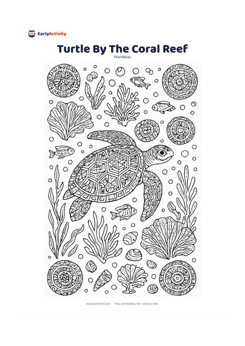 Colouring page: Place a sea turtle swimming diagonally through the centre, with its shell divided into repeating geometric sections. Surround it with coral fans, sea plants, bubbles, shells, small fish,…