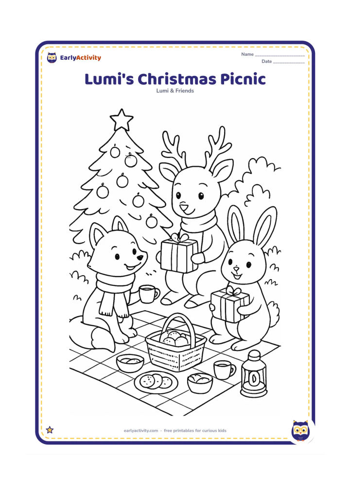 Colouring page: Lumi and friends enjoy a cheerful outdoor Christmas picnic beside a decorated evergreen tree, sharing simple treats and opening plain gift boxes. Add snow-free winter greenery, round…