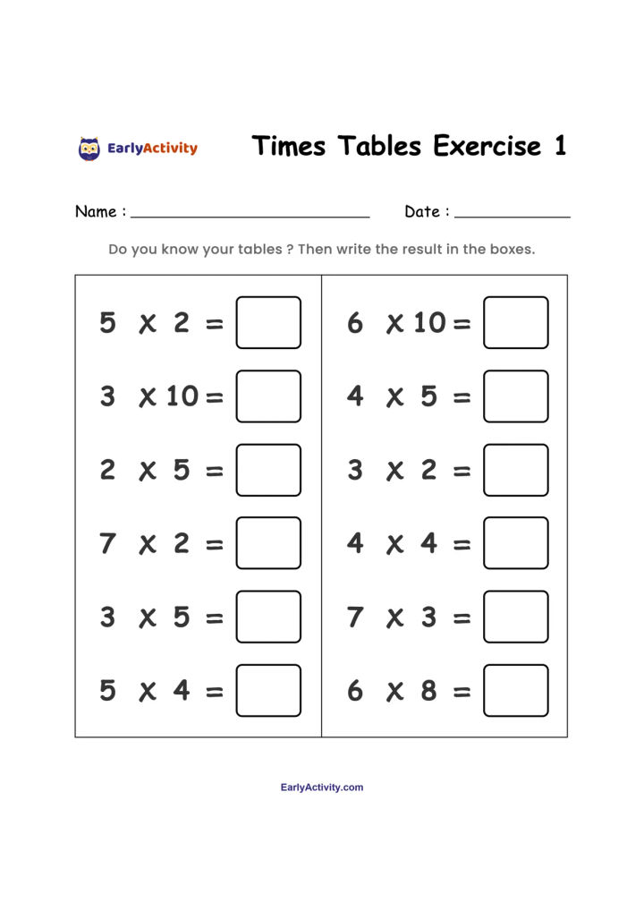 Worksheet with 12 multiplication problems, including times tables from 2 to 10, with blank boxes for answers.