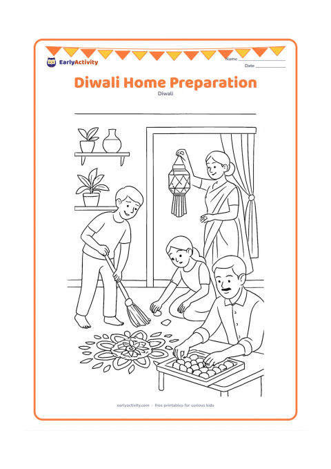 Colouring page: Several family members prepare an Indian home before the celebration: one person sweeps near the entrance, one arranges a rangoli, one hangs a lantern and another sorts sweets on a tray.…