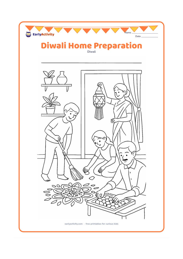 Colouring page: Several family members prepare an Indian home before the celebration: one person sweeps near the entrance, one arranges a rangoli, one hangs a lantern and another sorts sweets on a tray.…