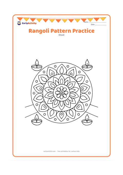 Colouring page: Draw a large circular rangoli divided into repeating sections of petals, leaves, spirals, diamonds and dots, with a few diyas around its outside edge. Show it on a clean floor with no…
