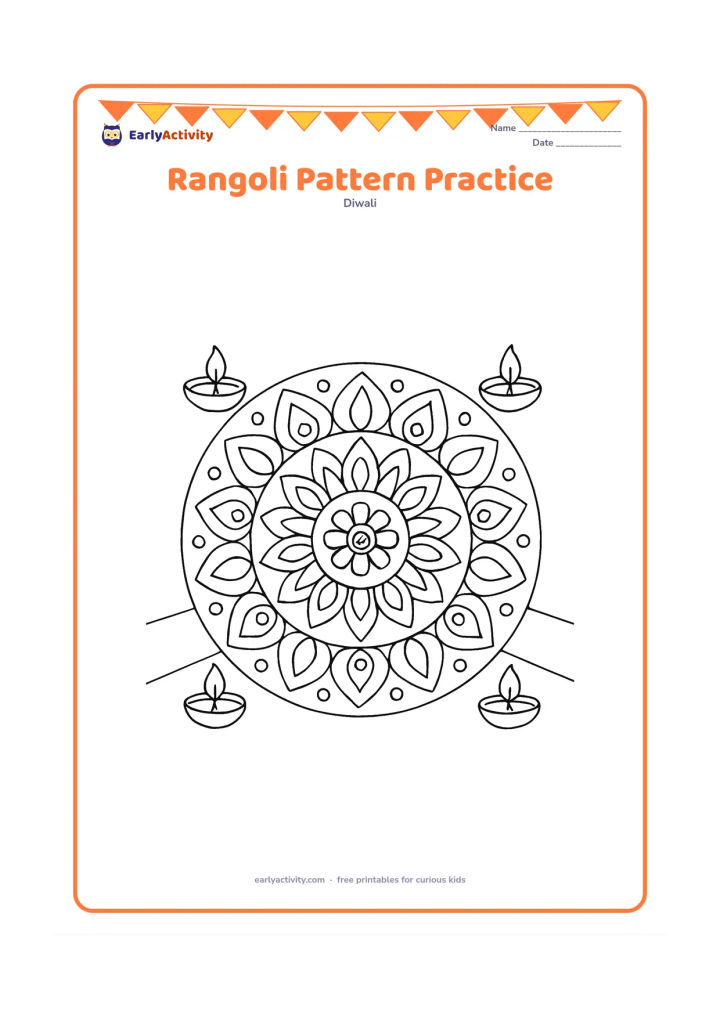Colouring page: Draw a large circular rangoli divided into repeating sections of petals, leaves, spirals, diamonds and dots, with a few diyas around its outside edge. Show it on a clean floor with no…