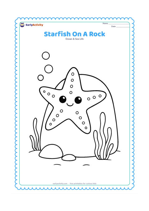Colouring page: Draw a five-armed starfish clinging to the side of a rounded underwater rock, with a few bubbles and short seaweed strands.