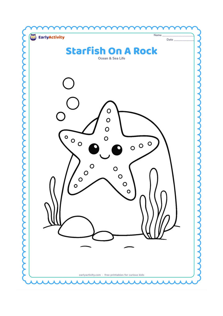 Colouring page: Draw a five-armed starfish clinging to the side of a rounded underwater rock, with a few bubbles and short seaweed strands.