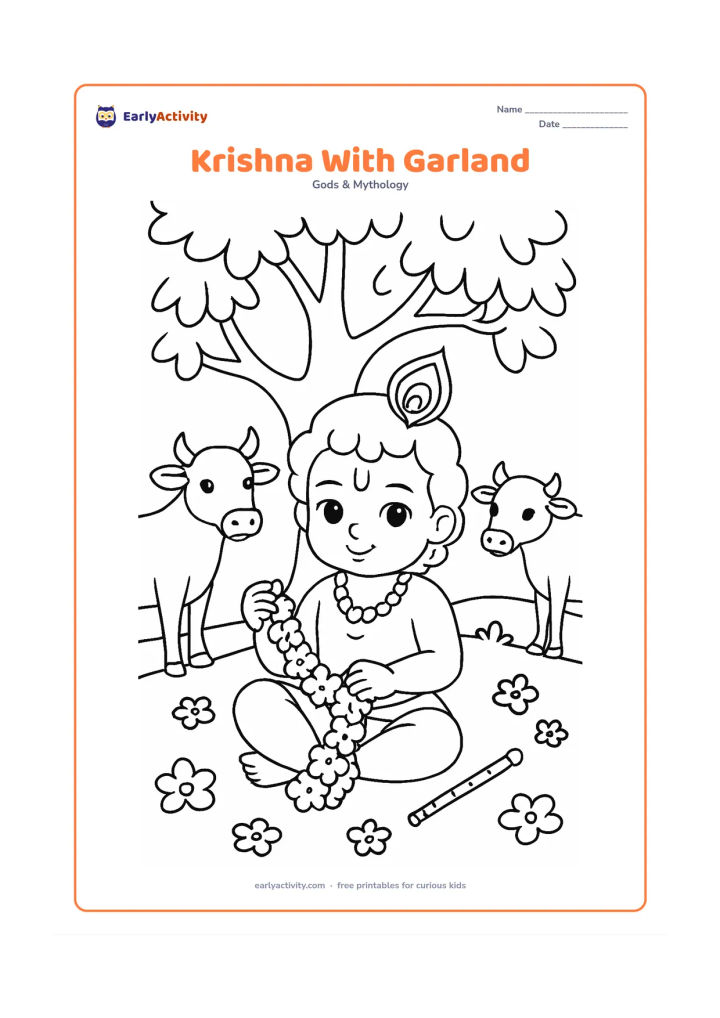 Colouring page: Baby Krishna sits beneath a tree while holding a flower garland, with a flute, peacock feather and two cows behind him. Add scattered flowers on the ground and a low hill in the distance.