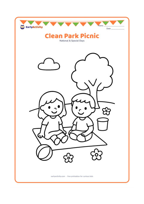 Colouring page: Draw two children sitting on a mat in a clean park beside a leafy tree, a ball and a small plain rubbish bin. Include three flowers and a rounded cloud in the background.