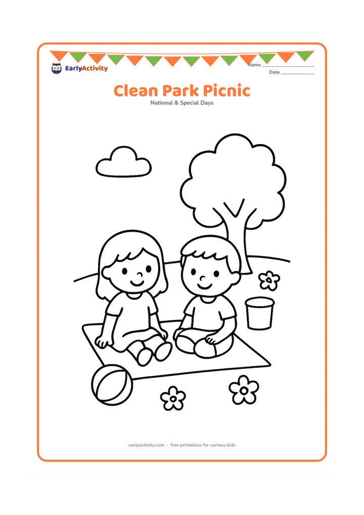 Colouring page: Draw two children sitting on a mat in a clean park beside a leafy tree, a ball and a small plain rubbish bin. Include three flowers and a rounded cloud in the background.