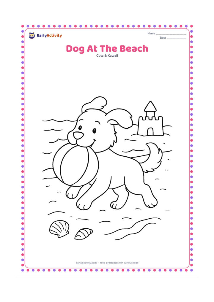 Colouring page: A happy dog runs along the shoreline carrying a round beach ball. Add gentle waves, a sandcastle without markings and two seashells in the foreground.