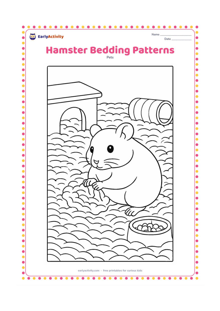 Colouring page: A calm hamster arranges bedding into a nest inside a large enclosure, with layered paper bedding, a wooden hideaway and a tunnel nearby. Add several repeating bedding textures and a…