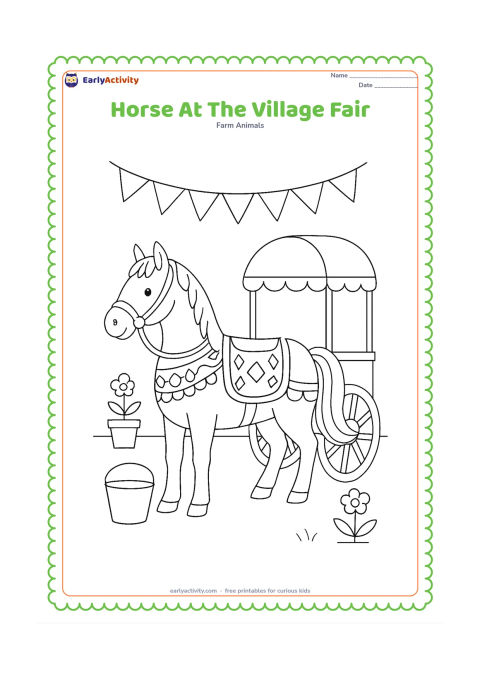 Colouring page: A decorated but plain-saddled horse stands beside a small covered cart in an Indian village fair setting. Add simple bunting without symbols, a few potted plants and a child-sized water…