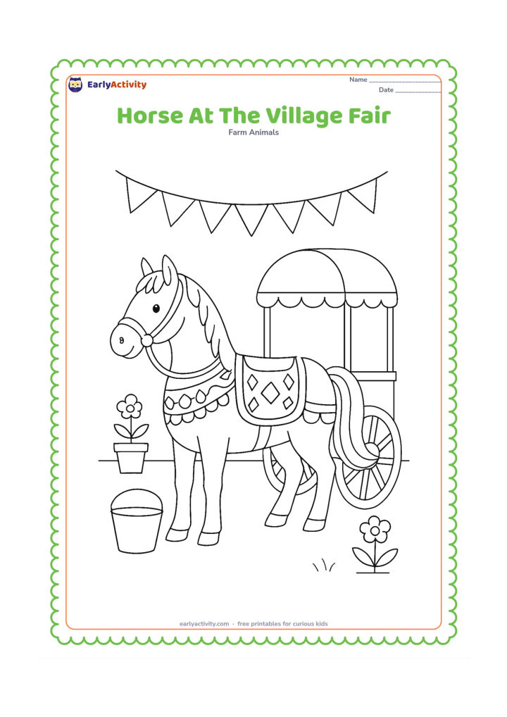 Colouring page: A decorated but plain-saddled horse stands beside a small covered cart in an Indian village fair setting. Add simple bunting without symbols, a few potted plants and a child-sized water…