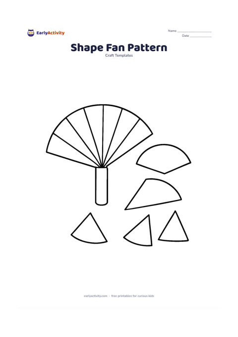 Worksheet: Arrange a handheld fan from a semicircle, alternating long triangles, and a rectangle handle. Show two extra semicircles and triangles beside it as separate pieces for decorating another…