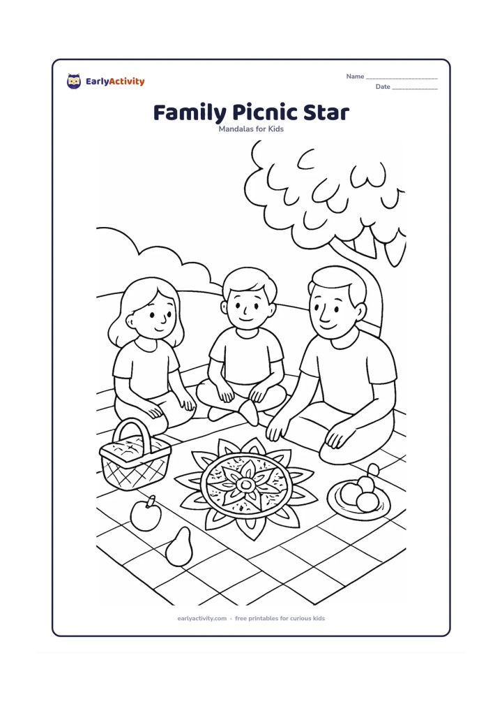 Colouring page: Place a balanced star mandala on a picnic blanket, with two children, a parent, a basket, fruit and a leafy tree arranged around it. Everyone should be relaxed and looking toward the…