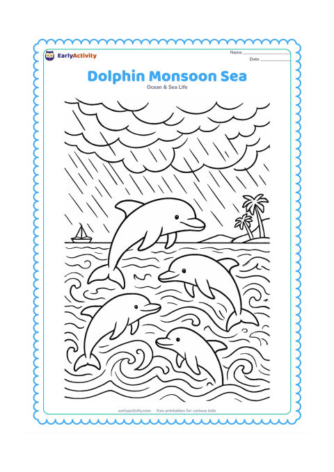 Colouring page: Draw a dolphin pod moving through a monsoon sea with sweeping rain clouds, wind-shaped waves, distant palms, and a small coastal boat. Add layered rain lines and foam patterns while…