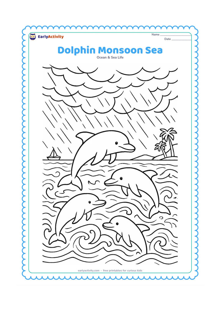 Colouring page: Draw a dolphin pod moving through a monsoon sea with sweeping rain clouds, wind-shaped waves, distant palms, and a small coastal boat. Add layered rain lines and foam patterns while…