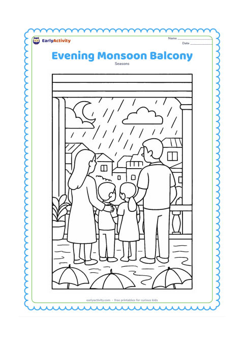 Colouring page: At evening, a family stands on a covered balcony watching rain over an Indian neighbourhood, with glowing plain window shapes, potted plants, umbrellas below and puddles reflecting the…
