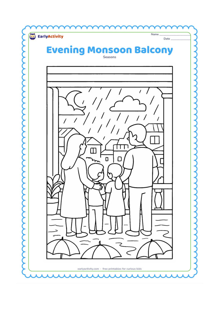 Colouring page: At evening, a family stands on a covered balcony watching rain over an Indian neighbourhood, with glowing plain window shapes, potted plants, umbrellas below and puddles reflecting the…