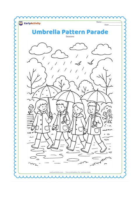 Colouring page: Four friends walk in a line along a puddled park path, each carrying a differently shaped umbrella with blank panels for original patterns. Include raincoats, boots, trees, flowering…