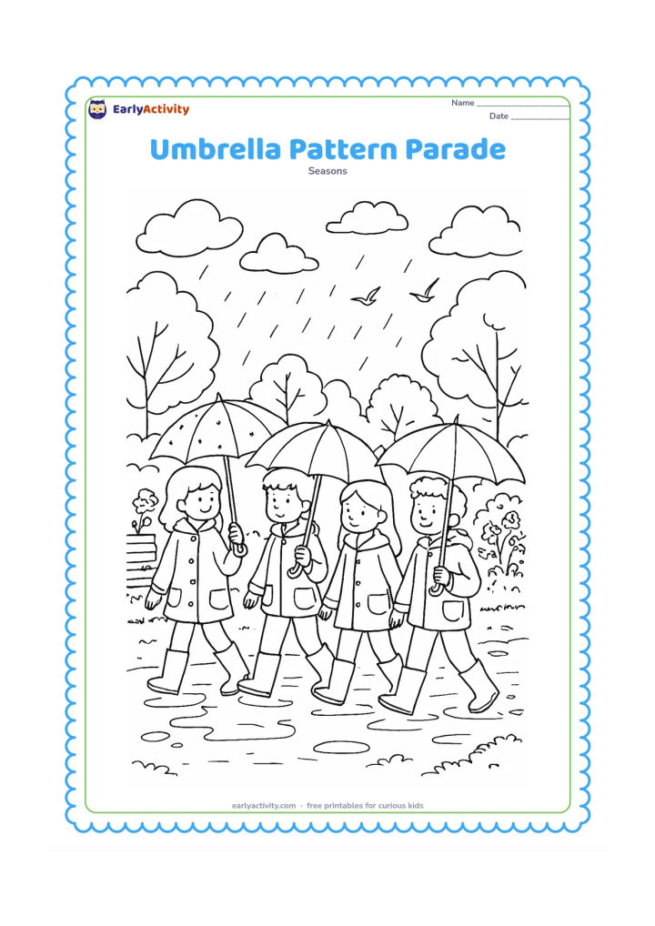Colouring page: Four friends walk in a line along a puddled park path, each carrying a differently shaped umbrella with blank panels for original patterns. Include raincoats, boots, trees, flowering…