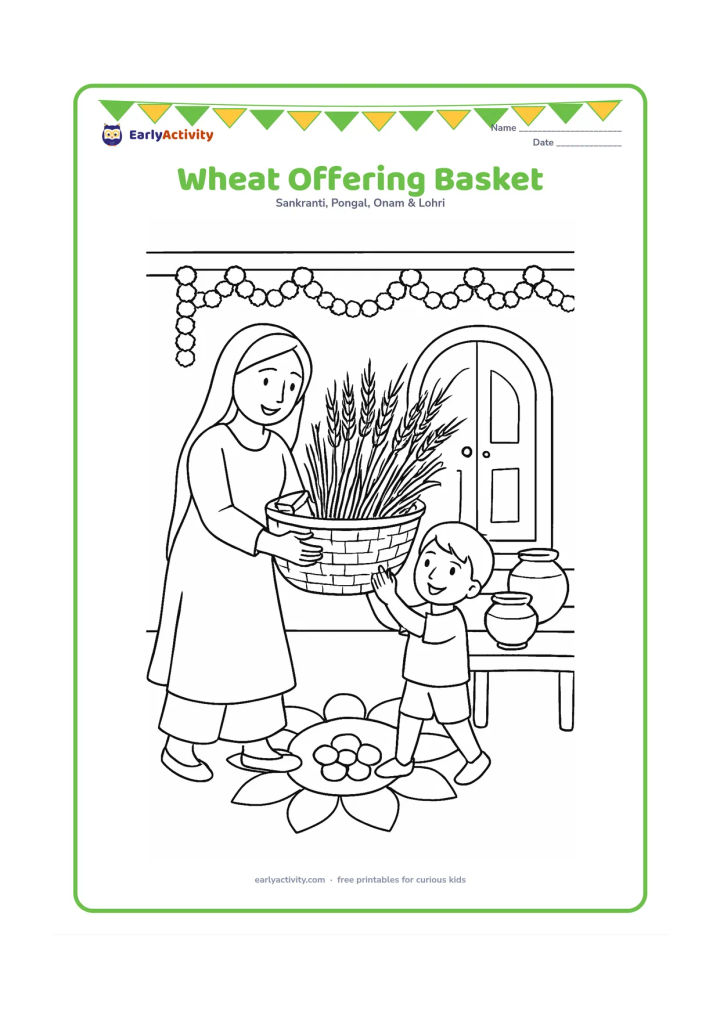 Colouring page: A woman and child carry a large woven basket of wheat toward a decorated courtyard table. Include a rangoli-style floral pattern on the ground, clay pots, marigold garlands and a…