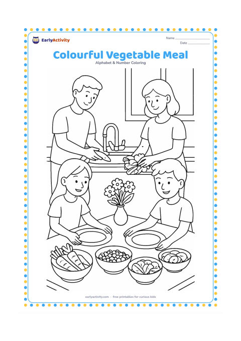 Colouring page: Draw a family preparing a meal at a kitchen table with carrots, peas, spinach, tomatoes, and sliced vegetables in separate bowls. Include a parent washing vegetables at a sink, a child…