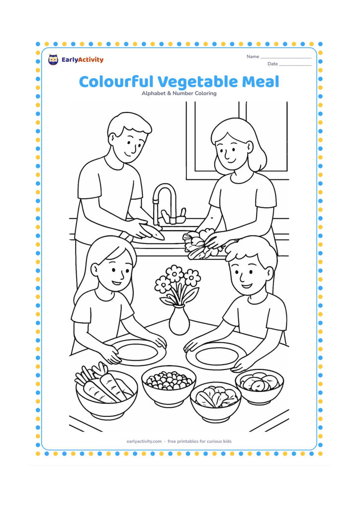 Colouring page: Draw a family preparing a meal at a kitchen table with carrots, peas, spinach, tomatoes, and sliced vegetables in separate bowls. Include a parent washing vegetables at a sink, a child…