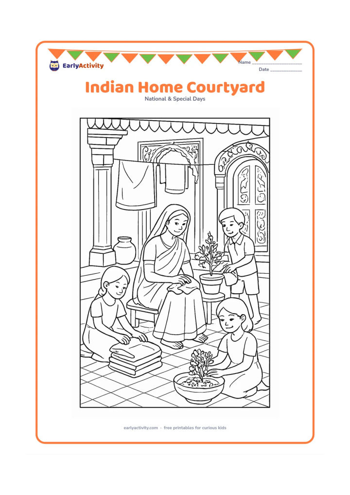 Colouring page: A mother sits in an Indian courtyard while children help with everyday tasks: one folds clothes, one waters a tulsi plant and one places flowers in a bowl. Include carved doorway…