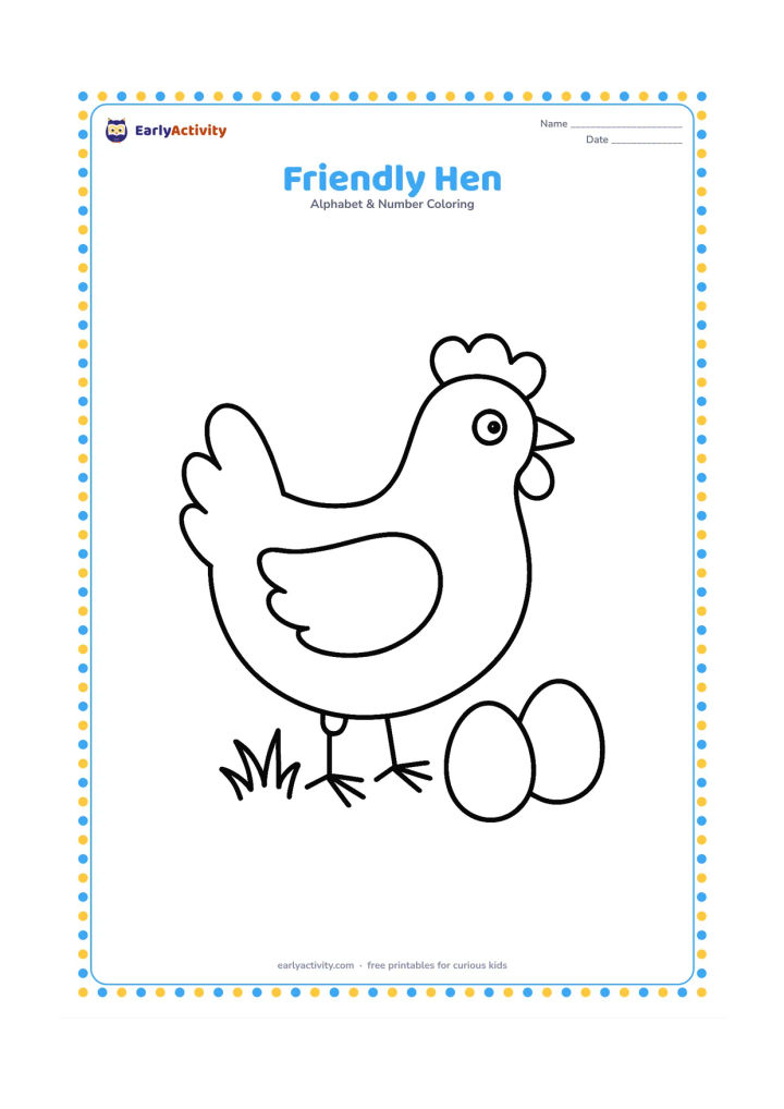 Colouring page: A friendly hen stands in profile beside two large plain eggs, with a tiny patch of grass beneath her feet. Keep the background open and avoid coop signs or written labels.
