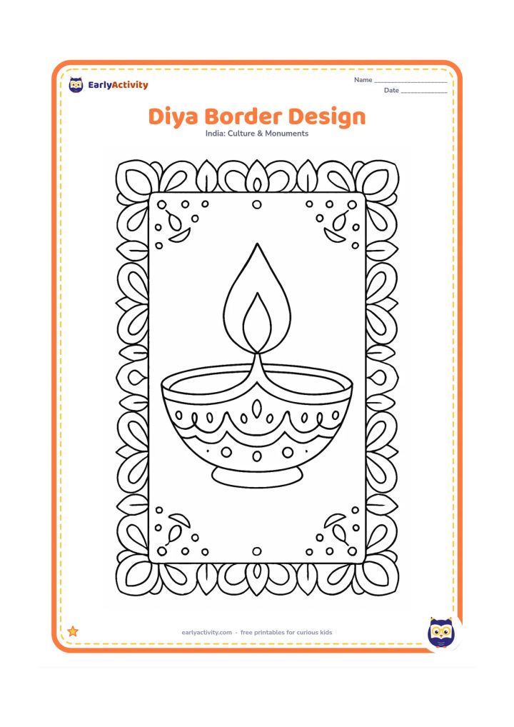 Colouring page: A large decorated diya is centered within an ornamental border made of alternating petals, leaves, dots and small lamp motifs, with a clear open area around the flame.
