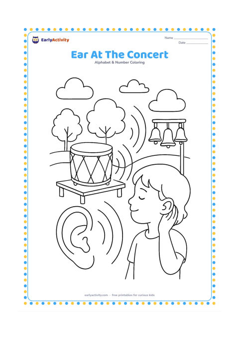 Colouring page: Draw a child listening beside a large outdoor drum and a group of simple bells, with a prominent ear in the foreground. Add a small stage, trees and curved sound lines in the open air.