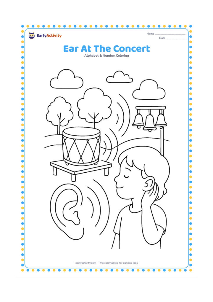 Colouring page: Draw a child listening beside a large outdoor drum and a group of simple bells, with a prominent ear in the foreground. Add a small stage, trees and curved sound lines in the open air.