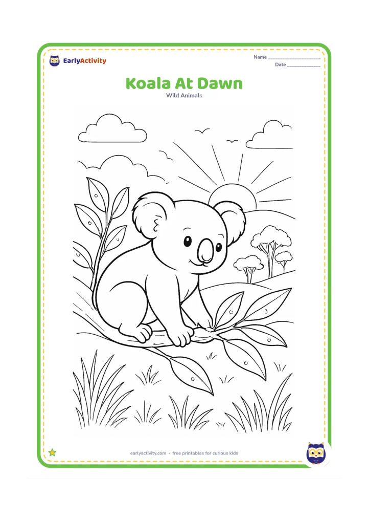 Colouring page: Draw a koala waking on a branch as the sun rises behind layered hills. Include dew-covered leaves, fine grass, distant gum trees, soft cloud shapes and a few birds far in the sky.