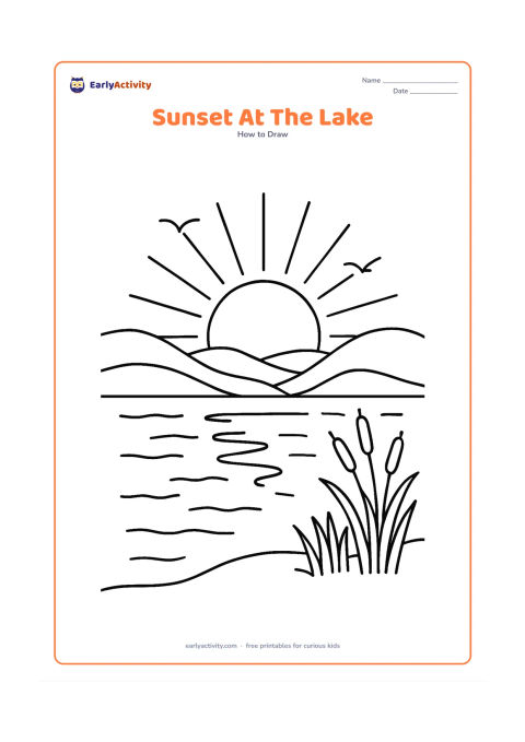 Worksheet: Place a low round evening sun over a lake, with layered hills, reflected curved light on the water, reeds at the shore and two birds in the sky. Use longer rays that remain clearly…