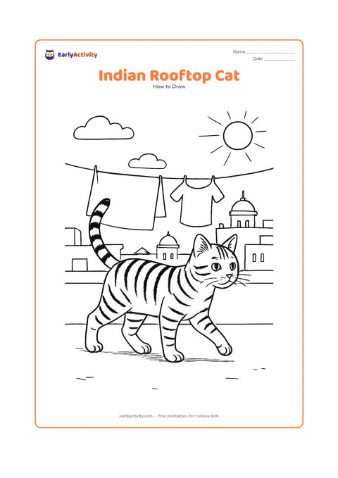 Worksheet: Draw a detailed cat walking across a sunny Indian rooftop, with a raised tail, alert ears, visible paws, and striped fur. Include a low parapet, a clothesline with plain fabric shapes,…