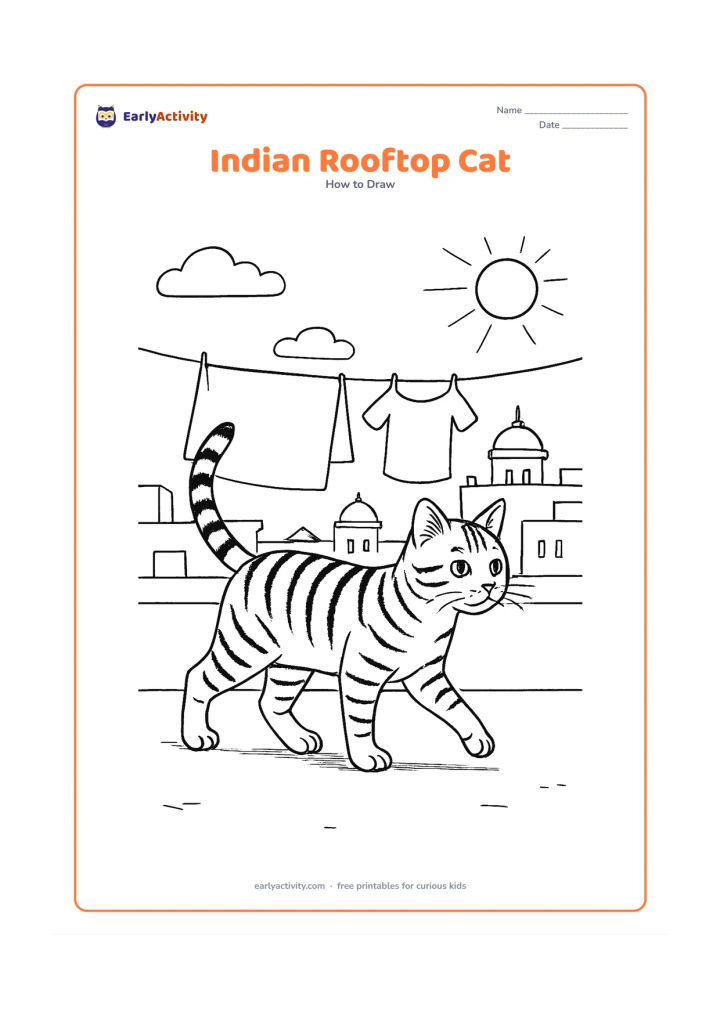 Worksheet: Draw a detailed cat walking across a sunny Indian rooftop, with a raised tail, alert ears, visible paws, and striped fur. Include a low parapet, a clothesline with plain fabric shapes,…