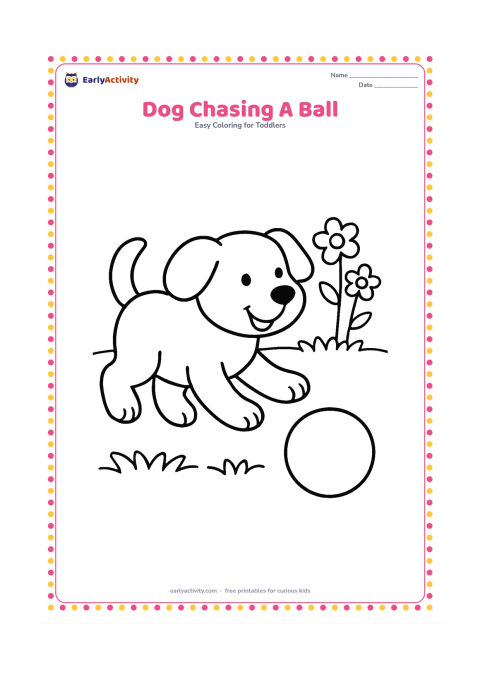 Colouring page: Draw a happy puppy running toward one large ball on the ground. Add a wide grassy patch and two simple flowers behind the puppy.