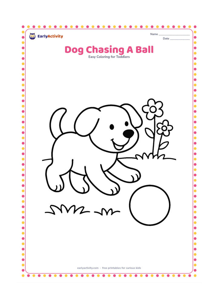 Colouring page: Draw a happy puppy running toward one large ball on the ground. Add a wide grassy patch and two simple flowers behind the puppy.