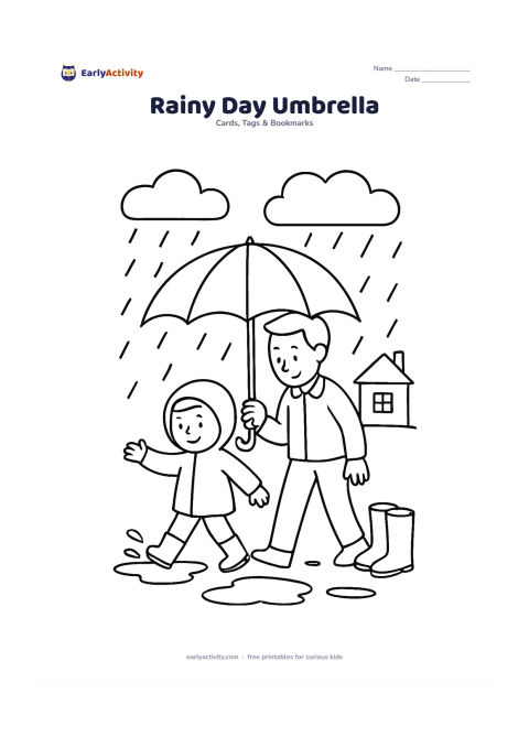 Worksheet: Draw a father and child sharing a large umbrella while stepping around puddles, with rain clouds, a small house and gumboots nearby. Leave the umbrella panels mostly open for colouring…