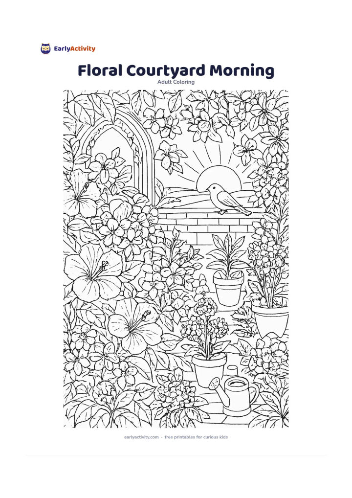 Colouring page: Draw a flowering courtyard garden in an Indian home at sunrise, with hibiscus, jasmine, marigolds, potted plants, a low wall and a small watering can. Arrange overlapping leaves and…