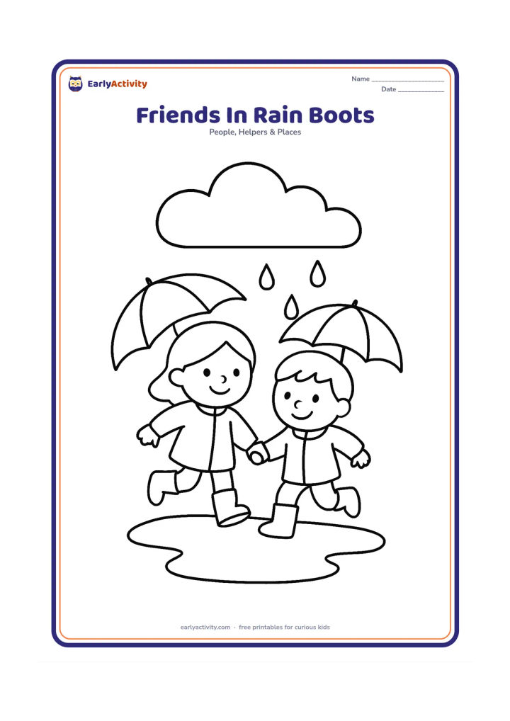 Colouring page: Two friends hold hands while jumping over a shallow puddle on a rainy day. Include umbrellas, rain boots, three raindrops, and a broad cloud.