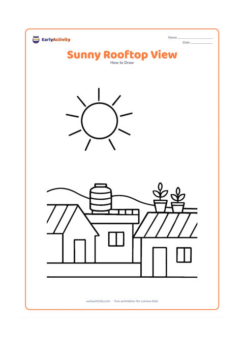 Worksheet: Show a round sun above a row of simple Indian house rooftops, including a water tank, a small terrace railing and two potted plants. Add a low distant horizon beneath the rooftops.