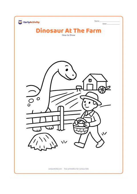 Worksheet: Show a long-necked dinosaur looking over a rural farm fence while a farmer carries a basket nearby, developed from basic shapes into a complete scene. Include a small haystack, crop…
