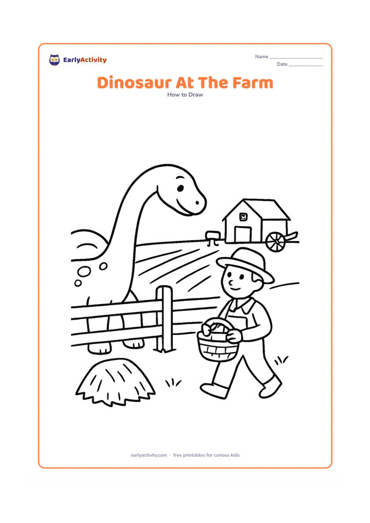 Worksheet: Show a long-necked dinosaur looking over a rural farm fence while a farmer carries a basket nearby, developed from basic shapes into a complete scene. Include a small haystack, crop…