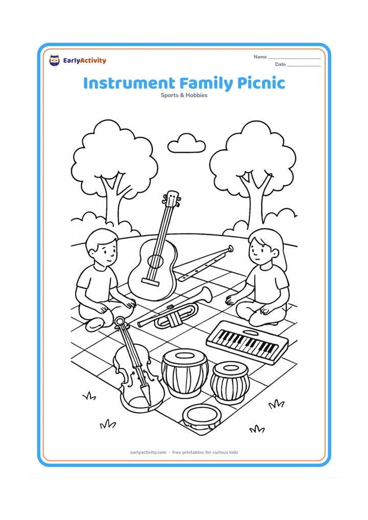 Colouring page: A picnic blanket holds grouped instruments from string, wind, keyboard and percussion families: violin, guitar, flute, trumpet, small keyboard, tabla and tambourine. Children sit nearby…