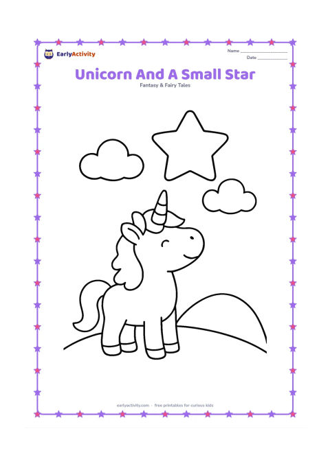 Colouring page: Draw one standing unicorn looking up at one large smiling star shape, with two clouds and a simple hill behind it. Do not put a face or any writing on the star.